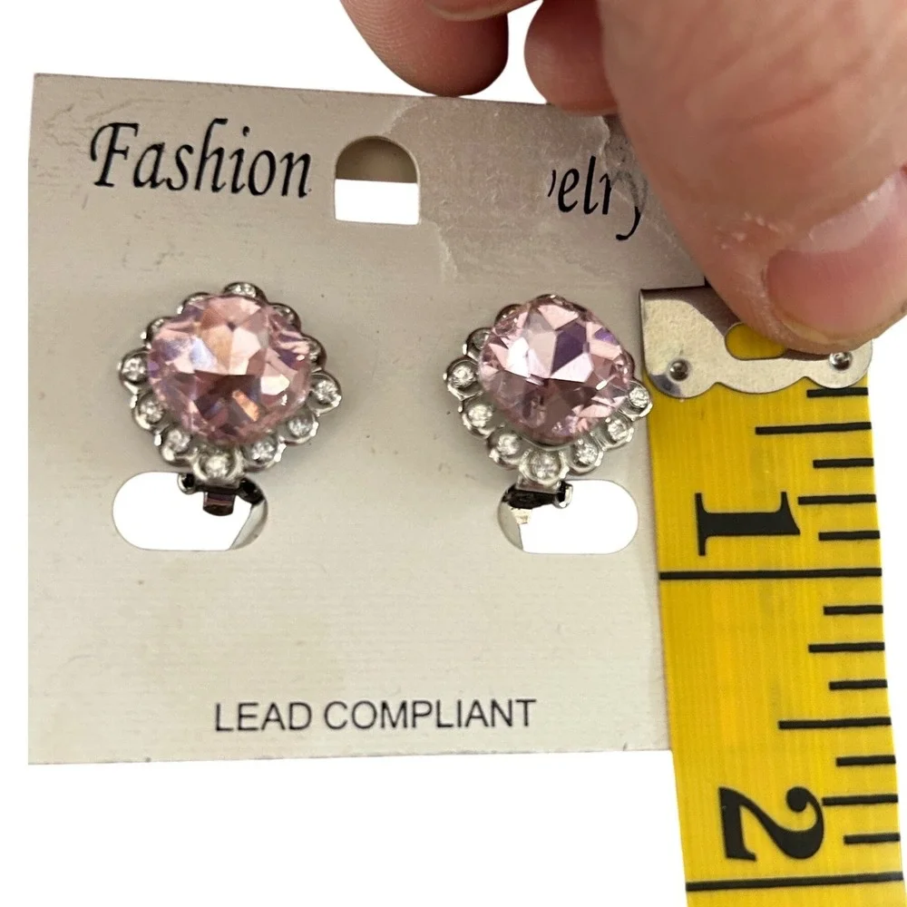 Pink Rhinestone Clip On Earrings Silver Tone Round Halo Vintage Style